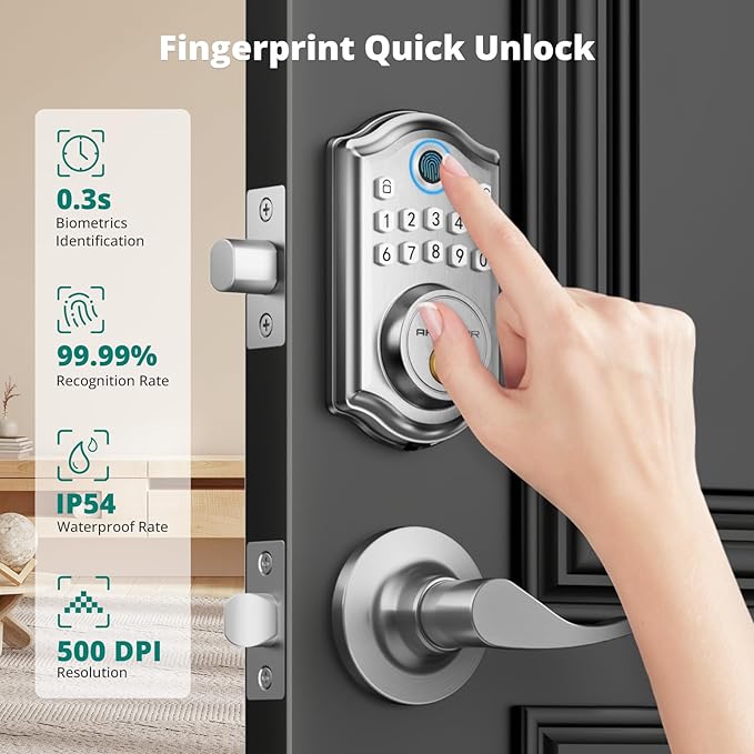 AkaGear DS10 Keyless Entry Door Lock with Handle - 2 Lever Handles, Fingerprint Door Lock, Keypad Deadbolt, 2 Keys, Code, Smart Locks for Front Door, Auto-Lock, Easy Installation - Satin Nickel