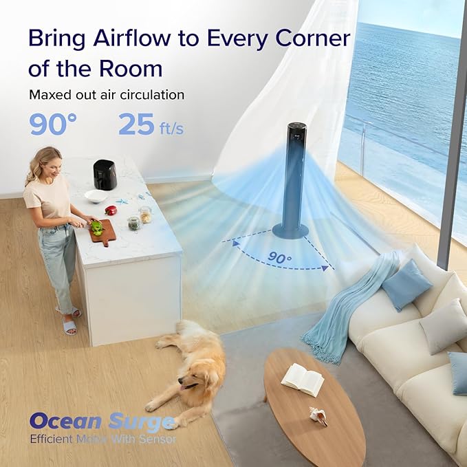 LEVOIT Classic 42-inch Tower Fan for Home, 1472 CFM Powerful Fan, 22dB Quiet as You Sleep, 90° L&R Oscillation, 60° U&D Airflow, 12H Timer, 5-Speed and 4 Modes with Temperature Sensor, Remote Control