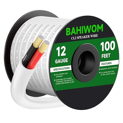 BAHIWOM Fire Safety CL2 Speaker Wire in-Wall & in-Ceiling 12 Gauge Wire 100 FT CCA Cord 2 Conductors Red Black Speaker Cable for Indoor Home Theater System,Car Audio Soft White Jacket
