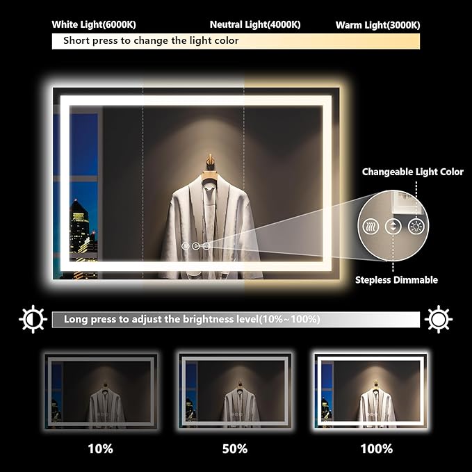 YEELAIT 60x40 Inch LED Bathroom Mirror with Lights Front and Backlit Lighted Vanity Mirror for Bathroom Wall with 3 Colors Dimmable Anti-Fog Memory Shatter-Proof IP54 Waterproof Horizontal/Vertical