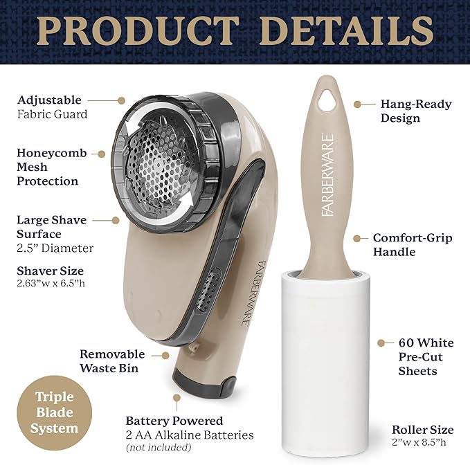 Farberware Large Lint Remover & Fabric Shaver Set – Battery Powered Sweater Shaver with Triple Blades and Extra Sticky Roller for Pet Hair, Fuzz & Pilling on Clothes & Furniture