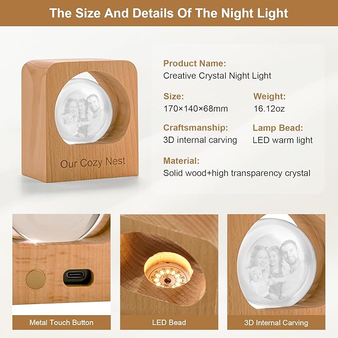 Yijhpbc Custom 3D Crystal Photo Night Light Personalized Photo Crystal Ball Engraved Picture Lamp with Wood Base Memorial Gift for Pets Family Couple Birthday Valentine's Day (Style 3)