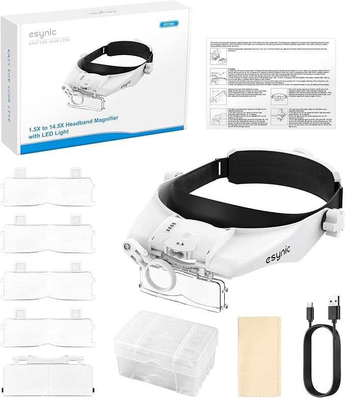 eSynic Head Magnifier with 2 LED Light-1.5X-13X Magnification with 5 Acylic Lens Set & Comfort Fit Design- 2 Level Brightness USB-C Rechargeable Headband, Hands-Free for Jewelry Repair/Reading/Crafts