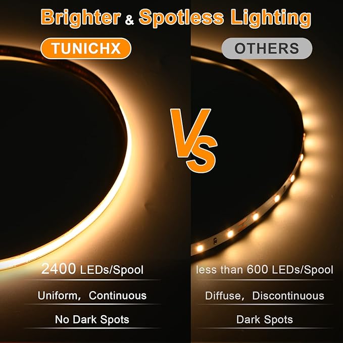 TUNICHX COB LED Strip Lights DC 12V LED Lights Flexible Super Bright LED Strips, 9W/m 2x16.4FT Warm White 3000K CRI 90+,480LEDs/m High Density Uniform Light for Home Room Decor
