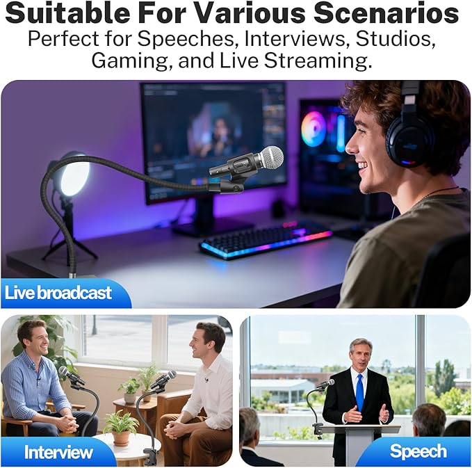 Microphone Stand, 20" Flexible Gooseneck Desktop Mic Stands Holder,3/8" to 5/8" Screw Adapter, 360 Adjustable Compact Mic Arm for Meetings, Lectures, Live Broadcast Equipment