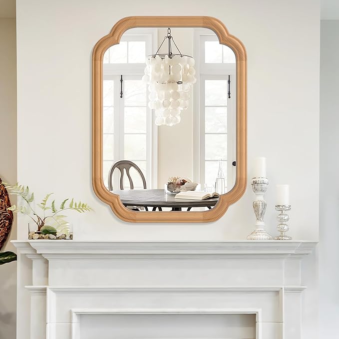 Natural Wood Framed Mirror,18X24 Inch Bathroom Mirror for Over Sink Modern Rounded Corner Rectangle Wall Mounted Mirror (Horizontal/Vertical)