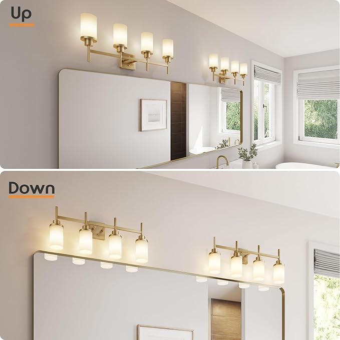 AONEON Wall Light Fixtures 4-Light Over Mirror, Gold Vanity Lights with White Frosted Glass Shade, Wall Sconces for Bathroom Washroom Kitchen T001GD-L4