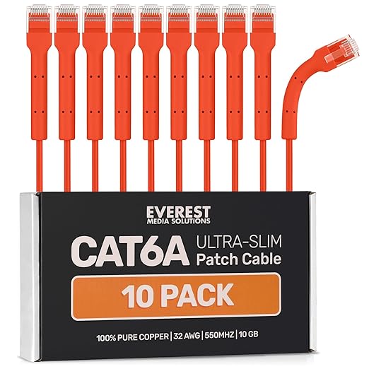 Everest Ultra Slim Cat6a Ethernet Patch Cables 15ft Orange by EverestMediaSolutions