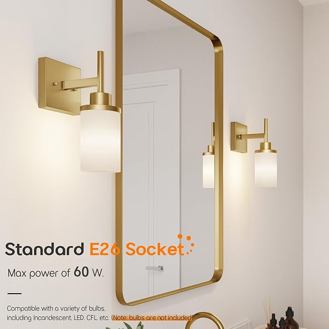 AONEON Vanity Lighting Fixtures with White Frosted Glass Shade, Modern Gold Wall Lamps for Bathroom Mirror Bedroom Living Room Porch, 2 Pack T001GD-L1-P2