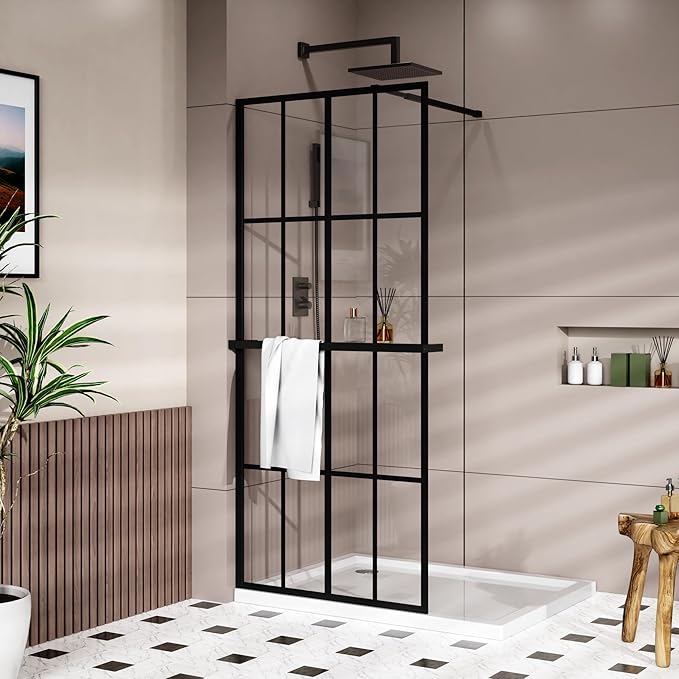 Goodyo 34" x 72" Shower Door Tempered Glass Shower Screen with Tool Bar Towel Rack for Walk in Bathroom 16-Grid Modern Design, Matte Black Finish