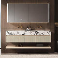 Fashionable Bathroom Vanity with Sink, Smart One-Click Defogging & LED Light, Bathroom Sink and Cabinet with Wave Striped Panel, Rockslab Countertop (Mirror Cabinet, 76IN)
