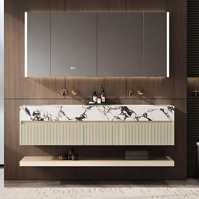 Fashionable Bathroom Vanity with Sink, Smart One-Click Defogging & LED Light, Bathroom Sink and Cabinet with Wave Striped Panel, Rockslab Countertop (Mirror Cabinet, 60IN)