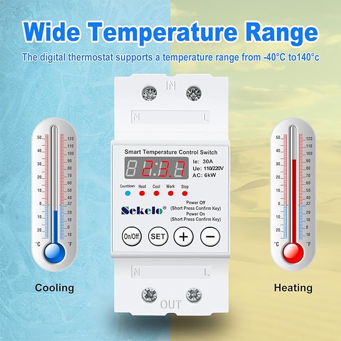 High-Power Temperature Control Switch, Rail-Mounted Digital Thermostat with Real-Time LCD Display for Heating & Cooling, 63A 110/220V, -40°C to 140°C, Ideal for Greenhouses, Aquaculture,Boilers