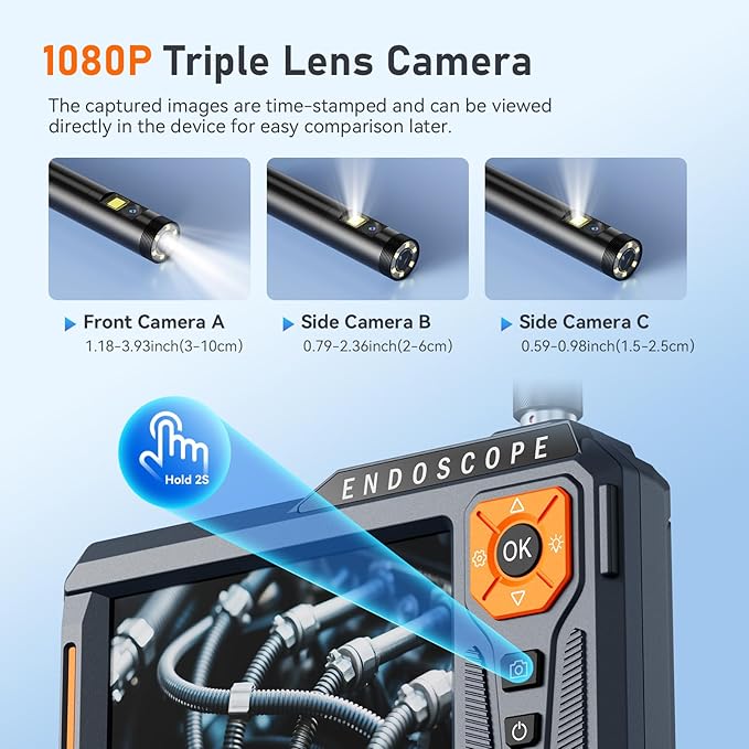 Triple Lens 5" IPS Borescope Inspection Camera, Ginocaco 1080P Digital Video Endoscope with Light, Waterproof Scope Camera with 16.5FT Semi-Rigid Cable, Drain Pipe Tool, Carrying Case, 32G Card