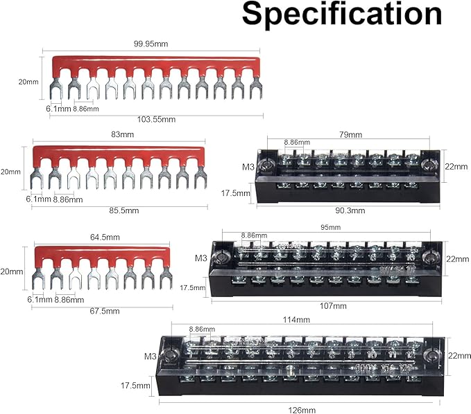 MILAPEAK Terminal Block and Strip - 6 Sets 8/10/12 Positions 600V 15A Dual Row Wire Screw Terminal Strip Block with Cover + 400V 15A Pre-Insulated Terminals Barrier Strips Jumpers (Black & Red)