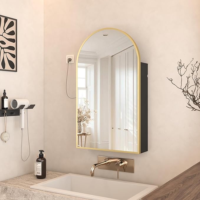 Gold Arched Bathroom Cabinet with Outlet,20 x 34 Inch Arched Medicine Cabinet with Mirror,Bathroom Mirrors for Over Sink with Storage,Surface Mounted Medicine Cabinet with Adjustable Shelf