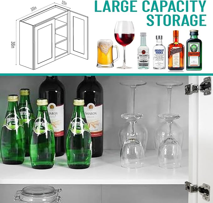 Wall Kitchen Cabinets, White Shaker Cabinet, Wall Mounted, RTA Upper Cabinet, Modern for Kitchen and Bathroom with Door (White, 30" W x 36" H x 12" D)