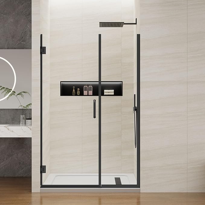 Pivot Swing Shower Door, Adjustable Width 40" W x 74" H Semi-Frameless Shower Glass Door with 5/16 in (8mm) Clear SGCC Tempered Glass with Nano Easy-Clean Coating (Matte Black)