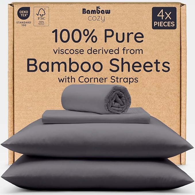 Bambaw 100% Viscose Derived from Bamboo Sheets King Size Set – 4pcs Cooling Deep Pocket King Sheet Set, Fits Up to 16'' with Elastic Corner Straps, Super Soft Sheets, Luxury Bedding (Charcoal)