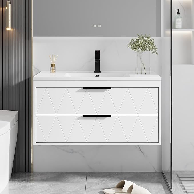eclife 36" Bathroom Vanities Cabinet with Sink Combo, Wall Mounted Floating Cabinet W/Decor Line, Soft-Close System, 2 Extra Big Drawers, Matte Black Faucet, White