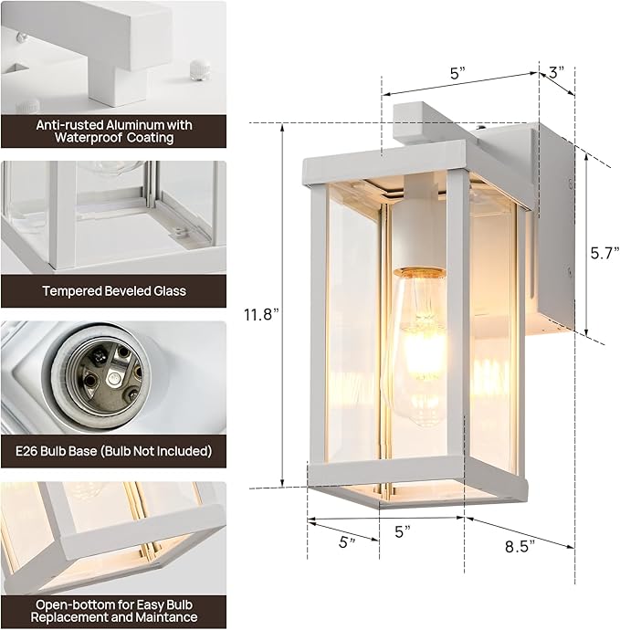 JOKAONOTL Dusk to Dawn Porch Lights with GFCI Outlets Waterproof Outdoor Wall Lights Exterior Lighting Fixtures Modern Outside Lights Wall Mount for House Patio Garage,White,11.8''H, 2 PC