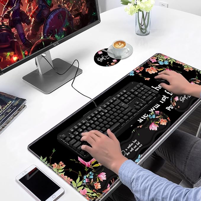 Ergonomic Keyboard Wrist Rest & Mouse Pad Wrist Rest Set,Large Gaming Desk Mat 31.5"x 11.8" with Non-Slip Base,Memory Foam,Easy Typing Pain Relief for Home & Office,Floral Quote Bible Verse Psalm 46:5