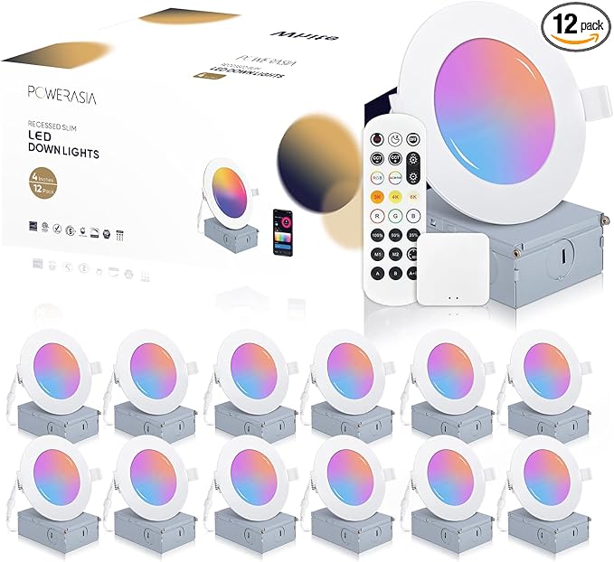 POWERASIA 12 Pack Smart Recessed Lighting 4 Inch, Ultra-Thin LED Recessed Lighting 9W 700LM Smart Downlight with Junction Box, Compatible with Alexa/Google Assistant - ETL and Energy Star Certified