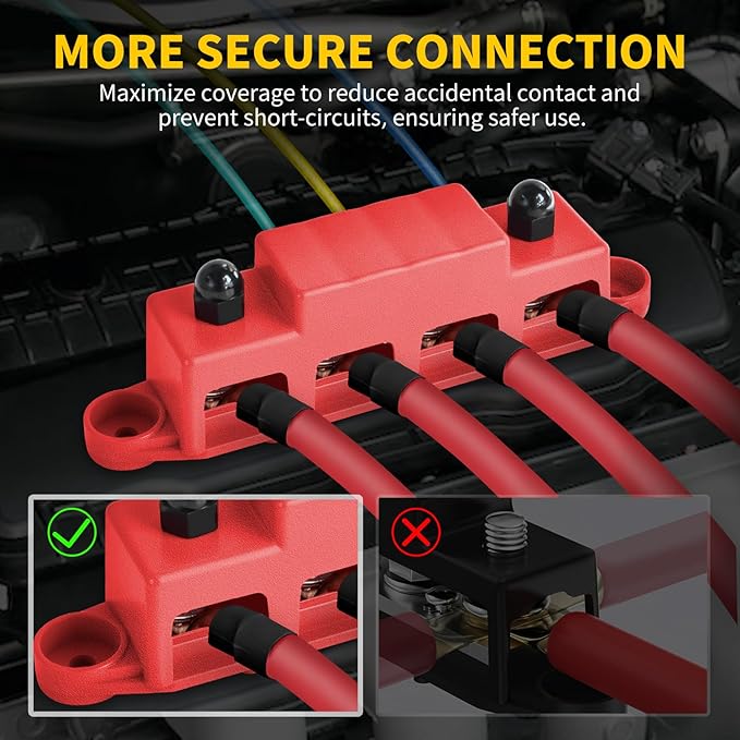 Bolipoeq Bus Bar 250A 12V Power Distribution Block 4 x 5/16"(M8) Studs for Automotive Marine Car Audio, 12 Volt Battery Busbar Terminal Block with Waterproof Cover (Pack of 2, Positive & Negative)