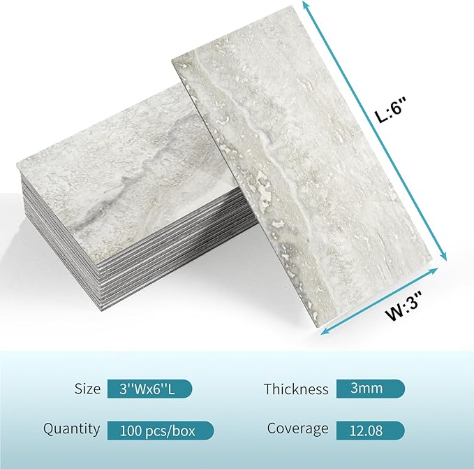 Vamos Tile 100-Piece Matt Beige Mixed Grey Slate Peel and Stick Backsplash Seamless Tile,3''x6'' PVC Subway Tile,Stick on Backsplash for Kitchen/Bathroom/Laundry Room
