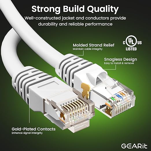 GEARit Cat 6 Ethernet Cable (100-Pack 0.5 Feet) Cat6 Network Patch, 10Gbps, RJ45, Snagless Cord, Gold-Plated Connectors, Internet for PC, TV, Tablet, Router, Printer, Servers, IT Data Center - White