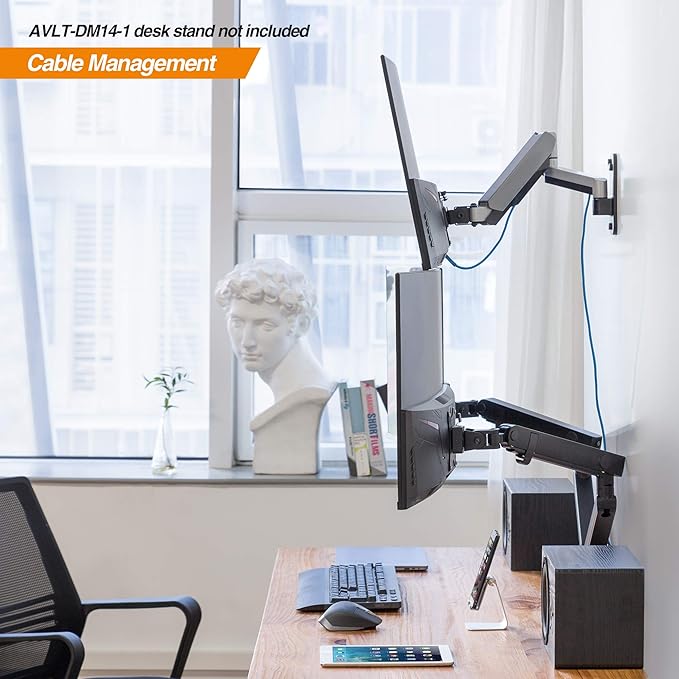AVLT Single Extended 13"-32" Wall Mount - Curved/ Flat Monitor, Full Motion Height Swivel Tilt Rotation Adjustable Arm - VESA/Cable Management