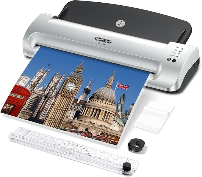SINOPUREN 13-Inch Thermal & Cold Laminator Machine, Quick Warm-Up, 3 Temp Settings, Jam-Free ABS, Built-in Paper Trimmer & Corner Rounder, 10 Laminating Pouches, for Home Office School