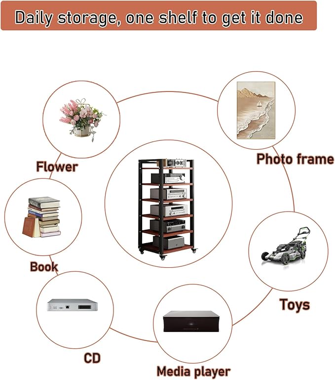 Dernoing 6 Tier Audio Rack Tower, CD Record Player Stereo Receiver AV Equipment Cabinet Display Rack, Weight Capacity 661 lbs, with Adjustable Wooden Shelves for Home (6 Tier Teakwood)