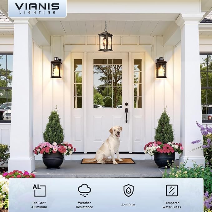 VIANIS Motion Sensor Outside Lights for House, Oil-Rubbed Bronze Porch Lights Outdoor with Tempered Ripple Glass, Aluminum Waterproof Outdoor Light Fixtures Wall Mount for Garage, Garden, Entrance