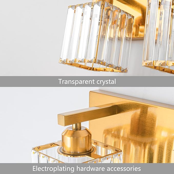 FDPBY Modern Bathroom Vanity Light 2-Lights Gold Crystal Bathroom Wall Light Vanity Light Fixtures，12.59-inch Modern Minimalist Design