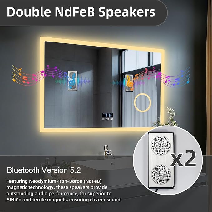 LUVODI Bathroom Mirror LED Lighted: 40x24 inch Rectangle Makeup Vanity with Bluetooth Speaker, Time Display, Magnifier, Anti-Fog, Memory Function, 3 Color Temperature