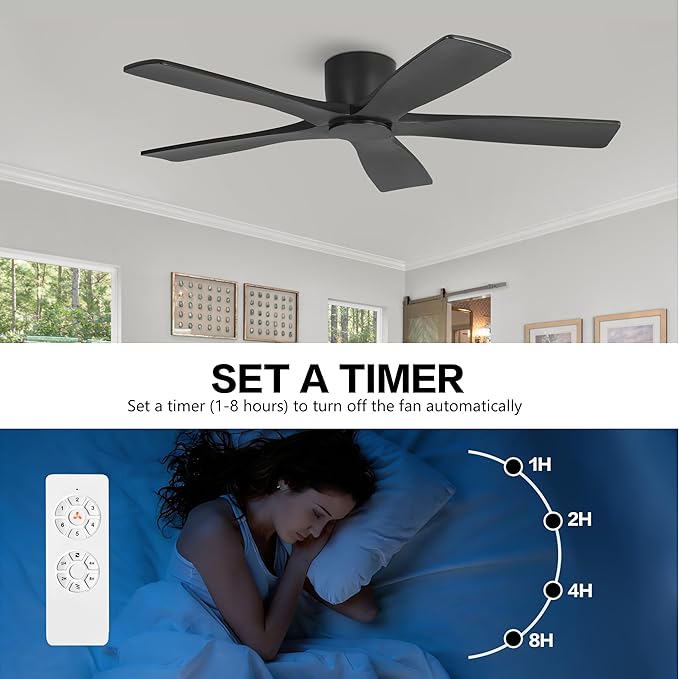 WINGBO 54" Flush Mount DC Ceiling Fans Without Lights, 5 Carved Solid Wood Blades, 6-Speed Reversible DC Motor, Low Profile Hugger Ceiling Fan No Lights for Living Room Bedroom Patio, Matte Black