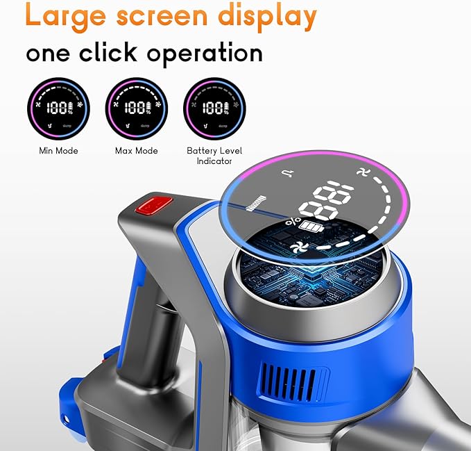 BSNAW Cordless Stick Vacuum Cleaner - Rechargeable, 35Kpa Powerful Vacuums with Detachable Battery, LED Display, 45Mins Runtime, 8 in 1 Handheld Vacuum for Hardfloor & Carpets Pet Hair, Blue