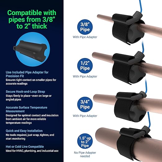 SafeSense TempTouch WiFi Pipe Clamp Temperature & Humidity Sensor – Smart Thermometer for Plumbing, HVAC, Ambient Monitoring – App-Controlled Wireless Temp Sensor with Velcro Pipe Strap