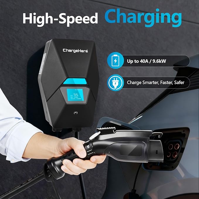 ChargeHere Level 2 EV Home Charger, 240V, 32A/40A | Real-Time Charging Speed Display + Status Light | Up to 7X Faster Charging | Indoor/Outdoor | Wi-Fi App Control | NEMA 14-50 | ETL Certified (40A)