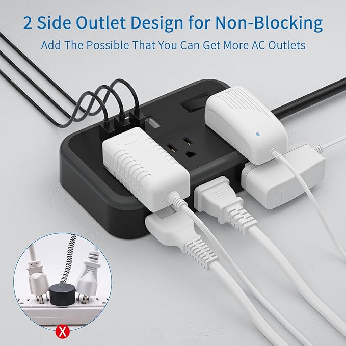 NTONPOWER 6 Widely Spaced Outlet(2 Side) Power Strip with 4 USB Ports, Extension Cord 15 Ft