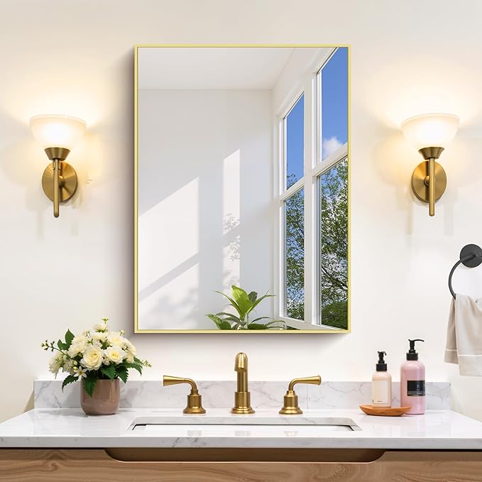 Gold Bathroom Mirror for Wall, 18x24 Inch Rectangle Mirror with Metal Frame, Modern Vanity Mirrors for Bathroom Living Room, Entryway Hangs Horizontal or Vertical