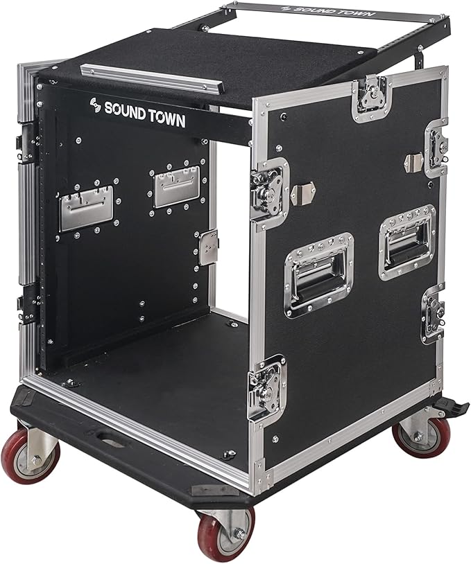 Sound Town Enhanced 1/2" (12mm) Plywood 12U PA DJ Rack/Road Case with 11U Slant Mixer Top, 20’’ Rackable Depth, DJ Work Table and Casters, 12-Space ATA Case, Pro Tour Grade (STMR-S12UWT)