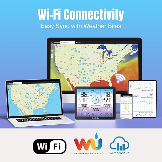Raddy VP7 Wi-Fi Weather Station, 15-in-1 Wireless Weather Station Indoor Outdoor with Rain Gauge, Wind Speed, Temperature Humidity Monitor, Weather Forecast and Barometer, 7.4'' Digital Color Display