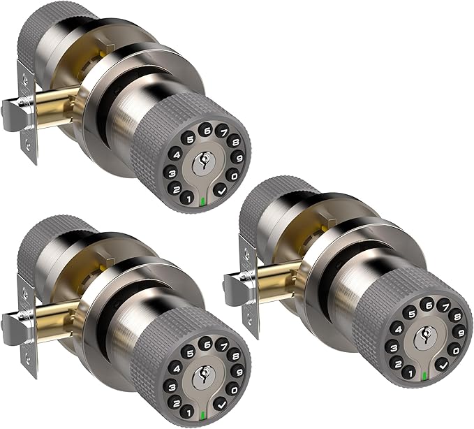 BOTHSTAR Keypad Door Knob with Key,Keyless Entry Door Lock, Code Locks Door Knob, Auto Lock,50 User Code,Easy to Install,for Home,Office,Hotel,Bedroom,Garage,No Deadbolt(3 Pack Nickel Key Alike)