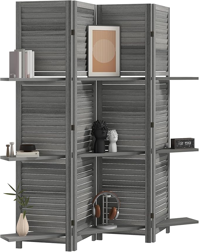 HOMCOM Room Divider, 4 Panel 67" Tall Wood Privacy Screen with 3 Display Shelves, and Folding Storage for Bedroom or Home Office, Gray
