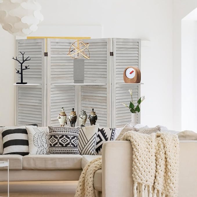 4 Panel Room Divider with Shelves, Room Dividers and Folding Privacy Screens, Folding Room Dividers 4 Panel, White Room Divider with 3 Display Shelves for Home Office (White)