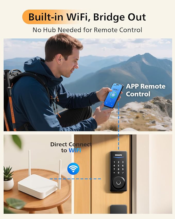 Philips WiFi Smart Lock with Front Door Handle Set, Built-in WiFi, APP Remote & Voice Control, Fingerprint Keyless Entry Door Lock, Keypad Deadbolt Smart Locks for Front Door, Auto-Lock, Backup 2 Keys