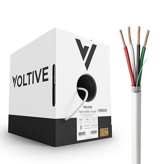 Voltive 16/4 Speaker Wire, in-Wall CL3 & Direct Burial, White, 500ft - 16AWG, 4 Conductors, Stranded Oxygen-Free Copper, UL Listed - V-1211-6