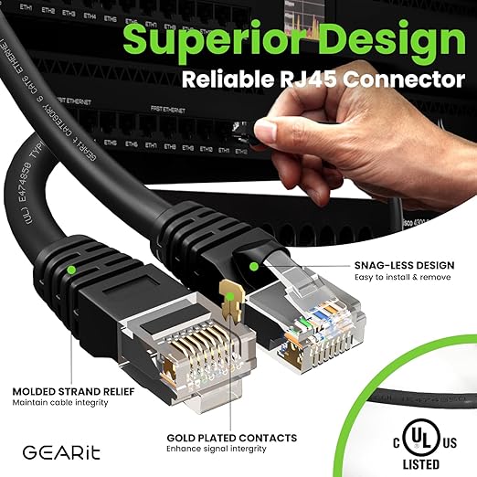 GEARit Cat 6 Ethernet Cable Pack - 20-Pack 5 ft Cat6 Ethernet Patch Cables | RJ45 Network Patch Cable, 10 Gbps Snagless Gold-Plated Connectors - Ethernet Cable Cat 6 for PC, TV, Router - Black